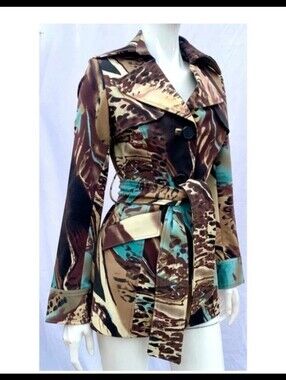 Vertigo Paris Abstract Animal Print Belted Trench Jacket Coat Women’s Medium